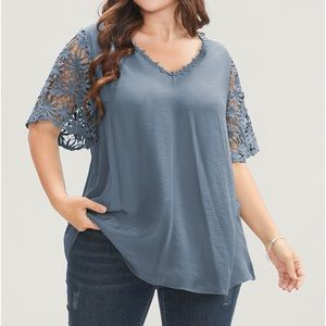BloomChic Blue Crochet Trim V Neck Short Sleeve Top Plus Size 14/16 1X